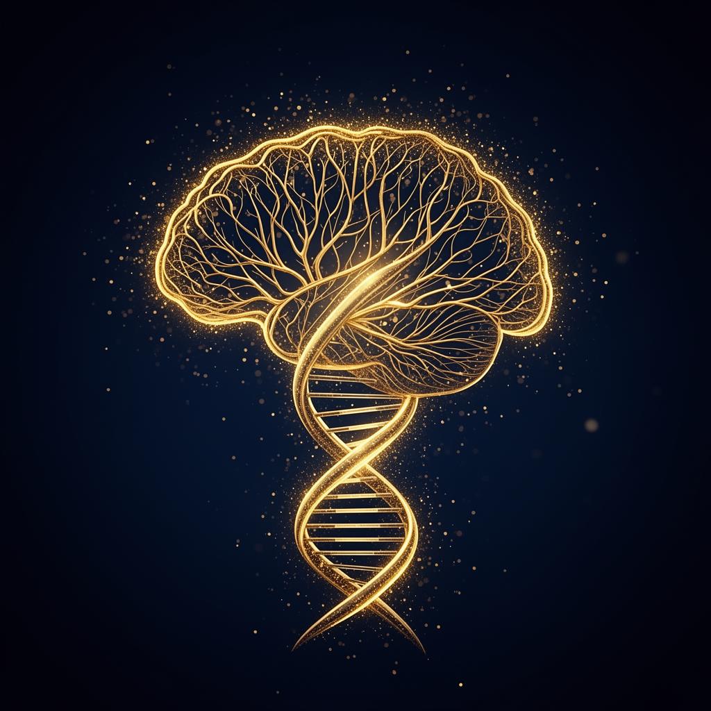 Golden brain merging into a DNA helix representing awareness